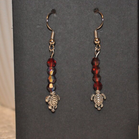 Iridescent Drop Earrings w/Silver Turtle Detail - Picture 3 of 3